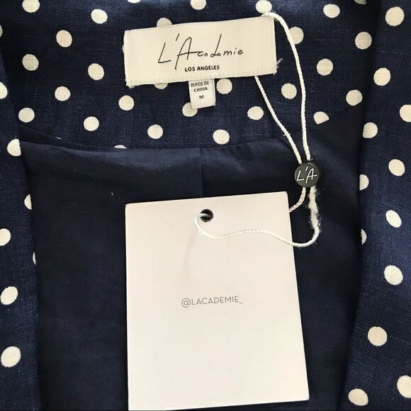 L’ACADEMIE Carter Linen Blazer Open Front Navy Blue White Polka Dot Medium New - Picture 6 of 16